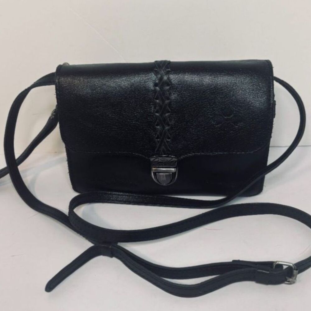 Patricia Nash Black Leather Crossbody Bag Flap Closure Adjustable Strap
